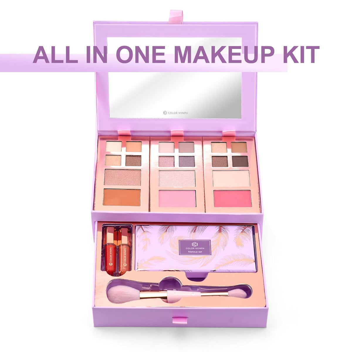 Color Nymph Small Makeup Palette Set for Face | Cosmetics Gift Set for Women & Girls | 12 Colors Eyeshadow, Blush, Highlighter, Contour Powder, Lip Gloss & Brush Kit | Travel-Friendly (Purple)