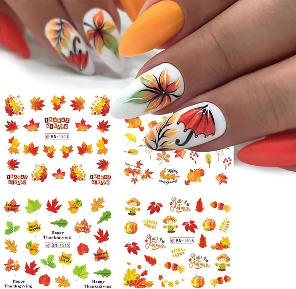 12 Sheets Fall Maple Leaf Nail Art Stickers Autumn Water Transfer Nail Decals Thanksgiving Day Nail Art Supplies Turkey Pumpkin Leaves Scarecrow Nail Design Slider Stickers for Women Nail Decorations