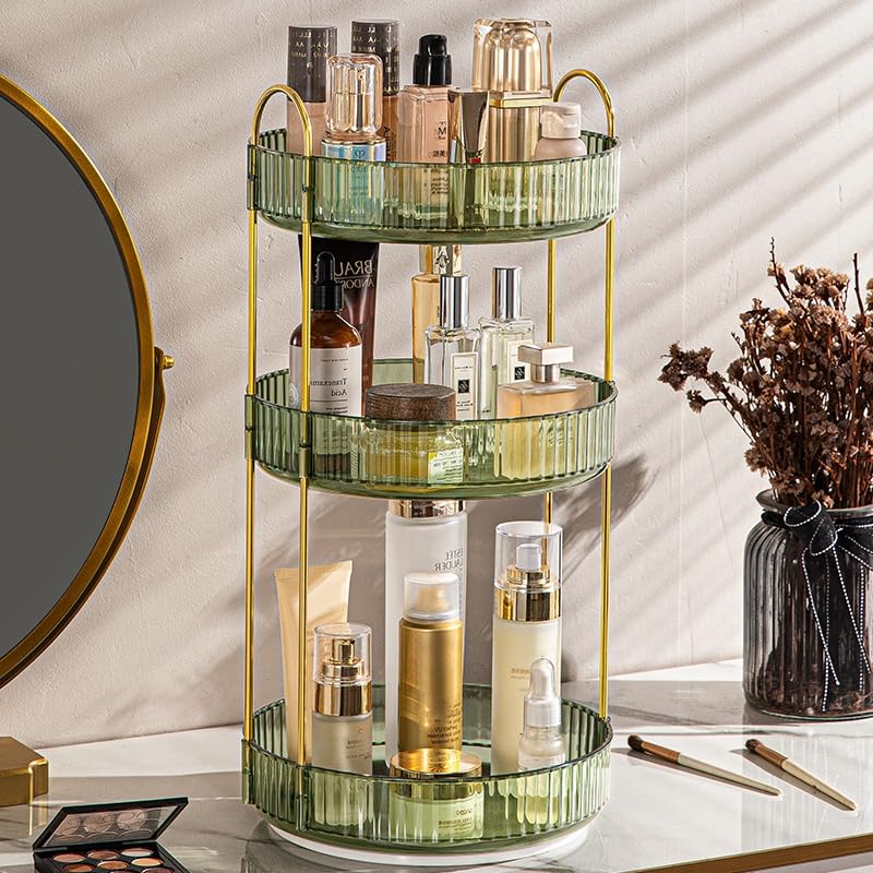 Makeup Organizer for Vanity, 360° Rotating Bathroom Organizer Countertop, High-Capacity Skincare Organizer, Spinning Cosmetics Organizer for Dresser Countertop (3 Tiers, Green)
