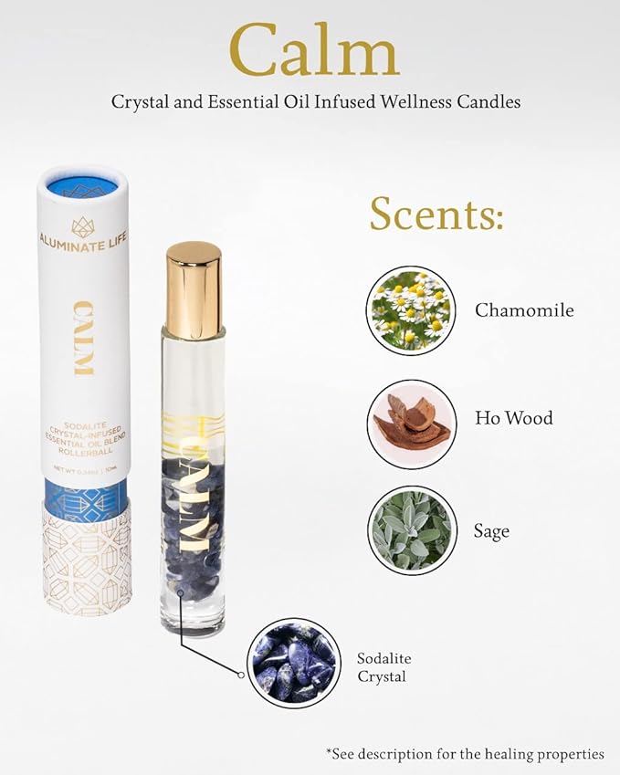 Essential Oil Rollerballs, .34 OZ, Calm - Sodalite Crystal Infused - Scents of Chamomile, Howood, & Sage - Aromatherapy Roll On Oils, Skin Care, Massage
