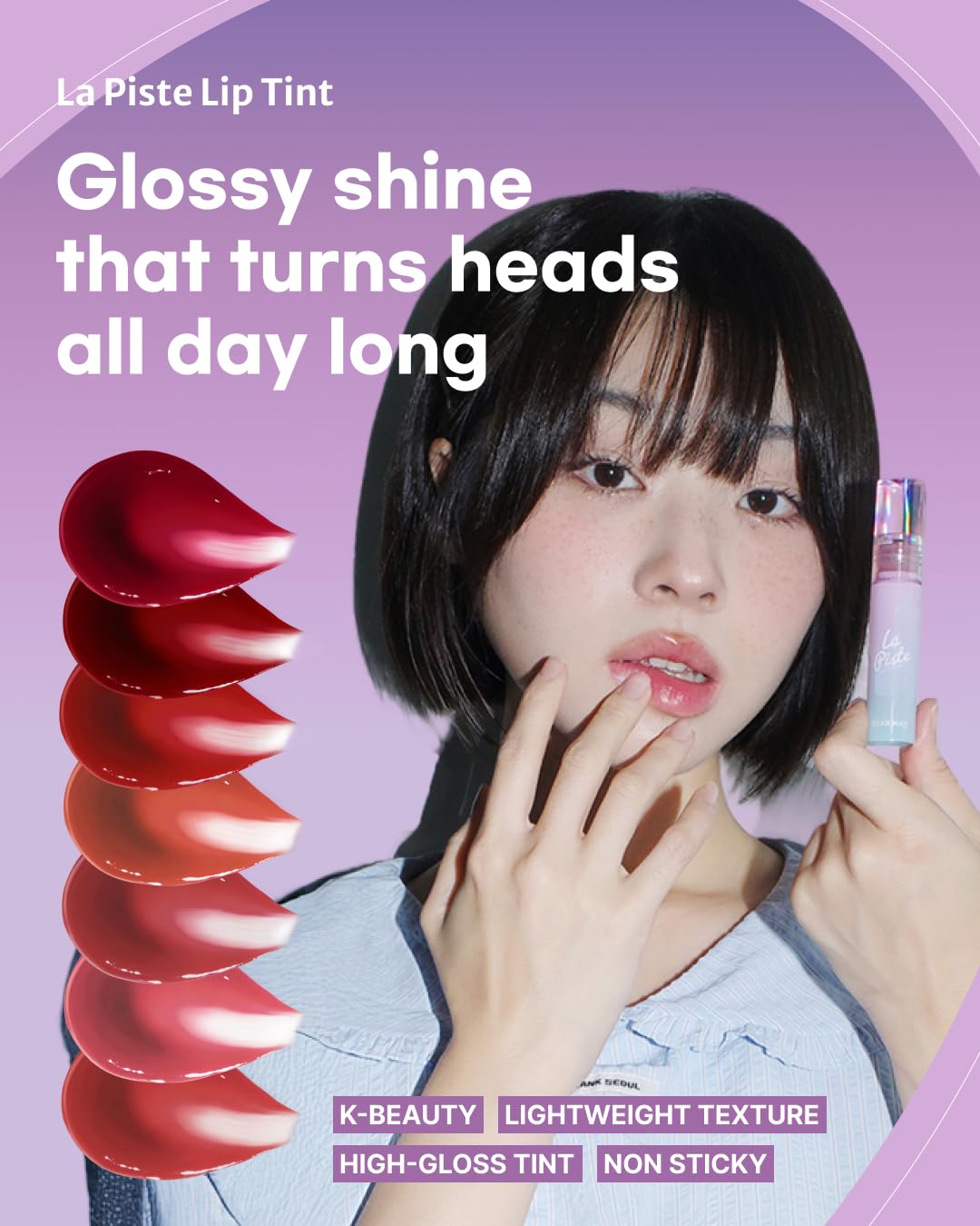 DEARMAY LA PISTE LIP TINT LP02 Fancy 0.14 oz. long lasting lip stain with glossy finish and lightweight texture, non sticky, hydrating formula with no flaking and glassy vivid tint, korean makeup