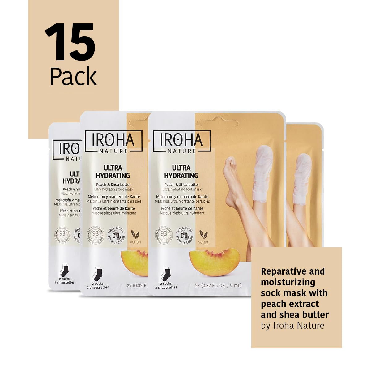 IROHA NATURE Repairing Foot Mask Socks with Peach & Shea Butter | 15 Pairs | Deep Hydration & Instant Repair | For Dry & Cracked Feet | Natural & 100% Vegan | Proven Results