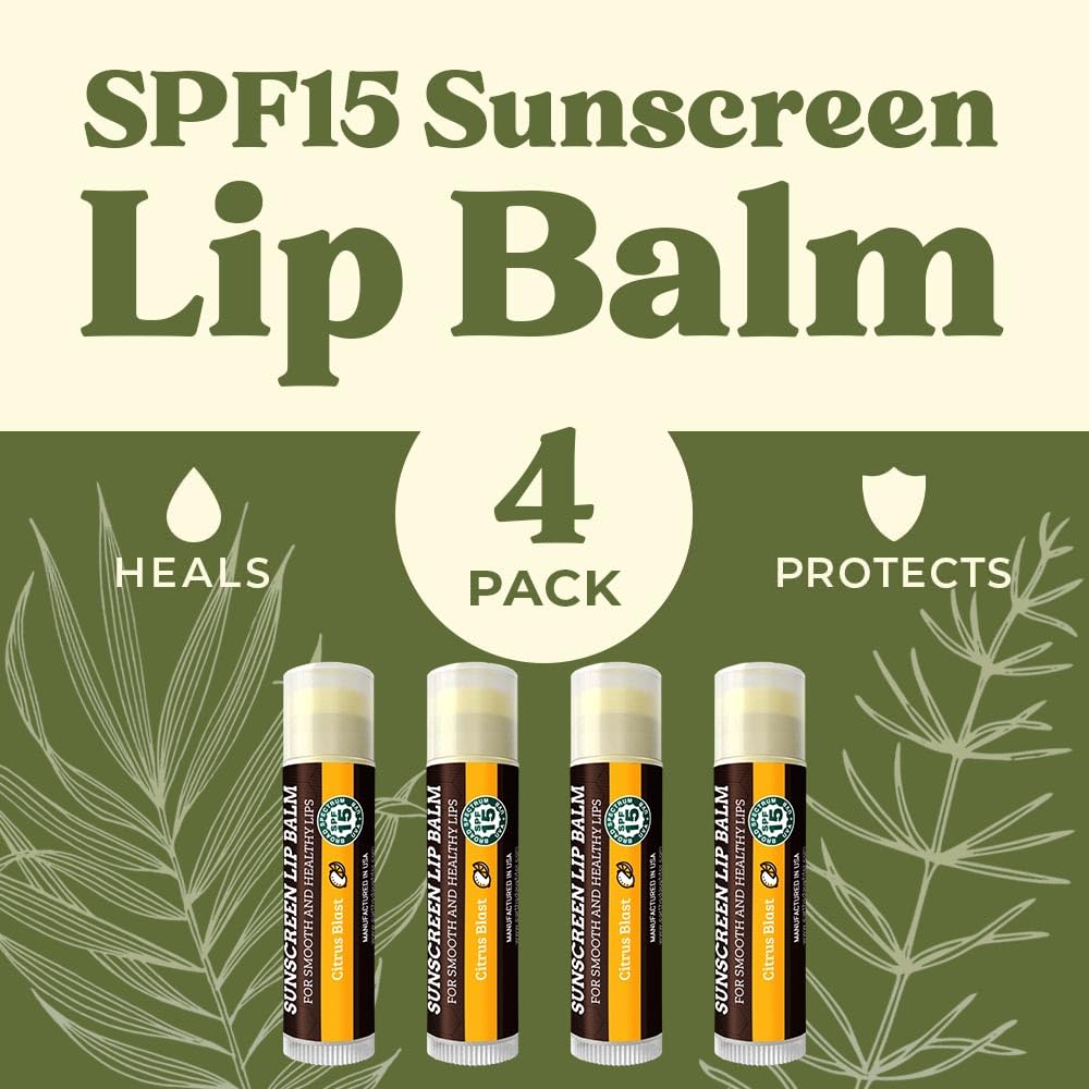 Earth's Daughter SPF Lip Balm 4-Pack Citrus Flavor - Lip Sunscreen, SPF 15, Organic Ingredients, Beeswax, Coconut Oil, Vitamin E - Hypoallergenic, Paraben Free, Gluten Free