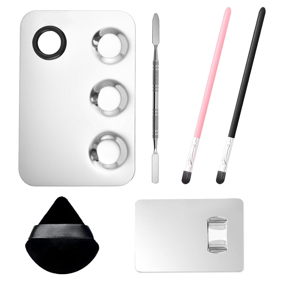 Stainless Steel Cosmetic Palette with Spatula, 3-well Mixing Makeup Palette and 3-dents Nail-art Mixer Metal Tray, also Fine Eyeliner Brush and Powder Puffs .Professional Makeup Palette with Spatula