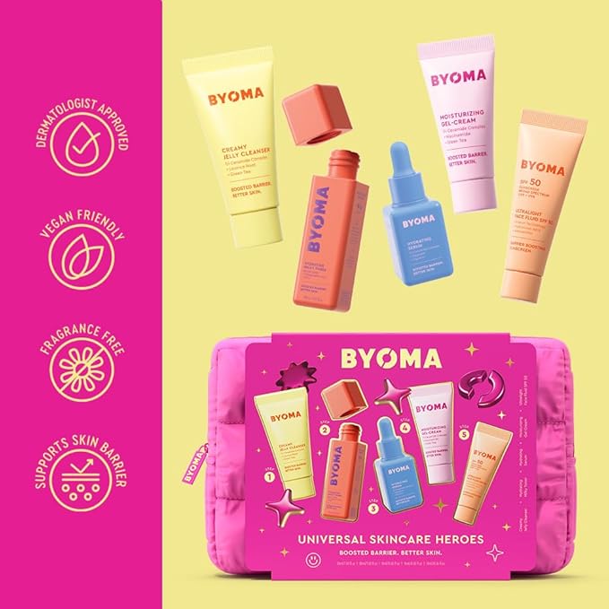 BYOMA Universal Skincare Heroes (5-Piece Kit) - Skincare Gift Set with Jelly Cleanser, Milky Toner, Hydrating Serum, Gel Cream & SPF 50 - Skin Barrier Repair Gift Set with Makeup Bag