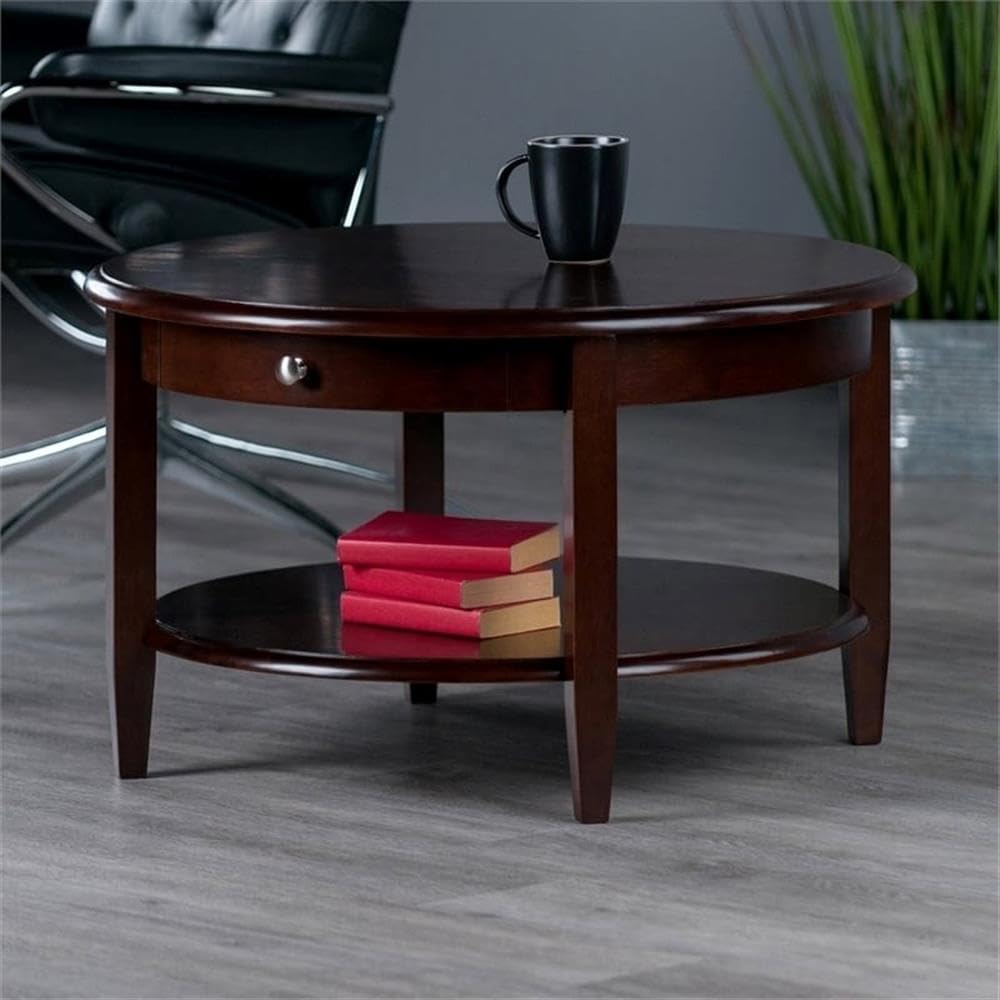 Pemberly Row Antique Transitional Round Wood Coffee Table in Antique Walnut