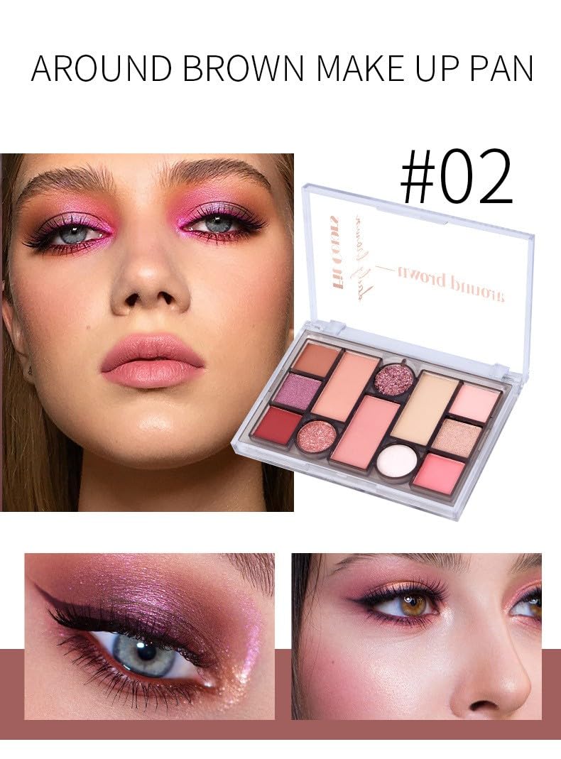 12 Colors Pink Eyeshadow Palette, Mini All in One Blush, Eyebrow & Eye Makeup Kit, Highly Pigmented Matte & Shimmer Shades, Big Artist Comprehensive Facial Makeup, Travel Friendly (02)