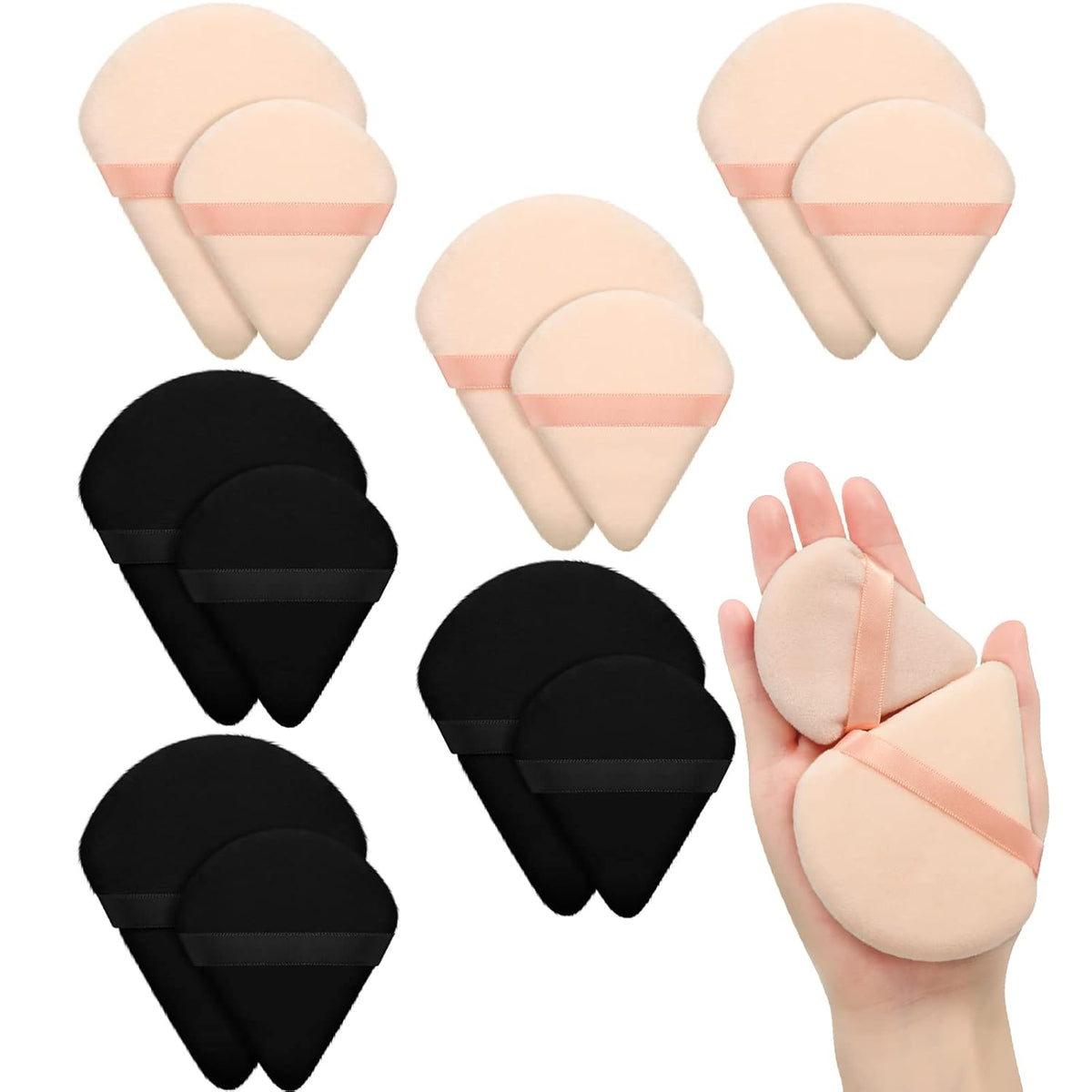 Maitys 12 Pieces Powder Puff Triangle Face Makeup Cosmetic for Loose Powder Soft Body Washable Reusable Foundation Sponge Mineral Wet Dry Makeup Tool for Women(Large, Small,Black, Nude Color)