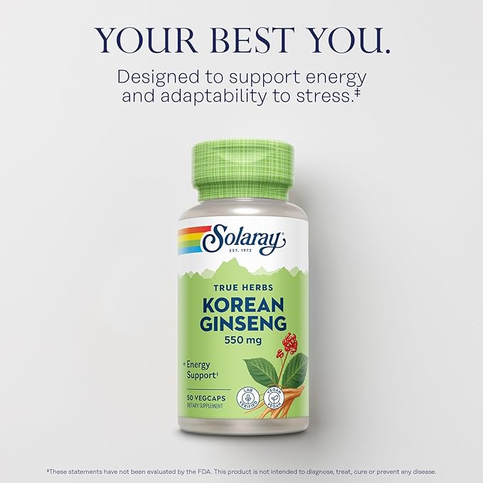 SOLARAY Korean Ginseng 550 mg - Ginseng Root - Stress, Physical Endurance and Energy Supplements - Non-GMO, Vegan, Lab Verified - 50 Servings, 50 VegCaps