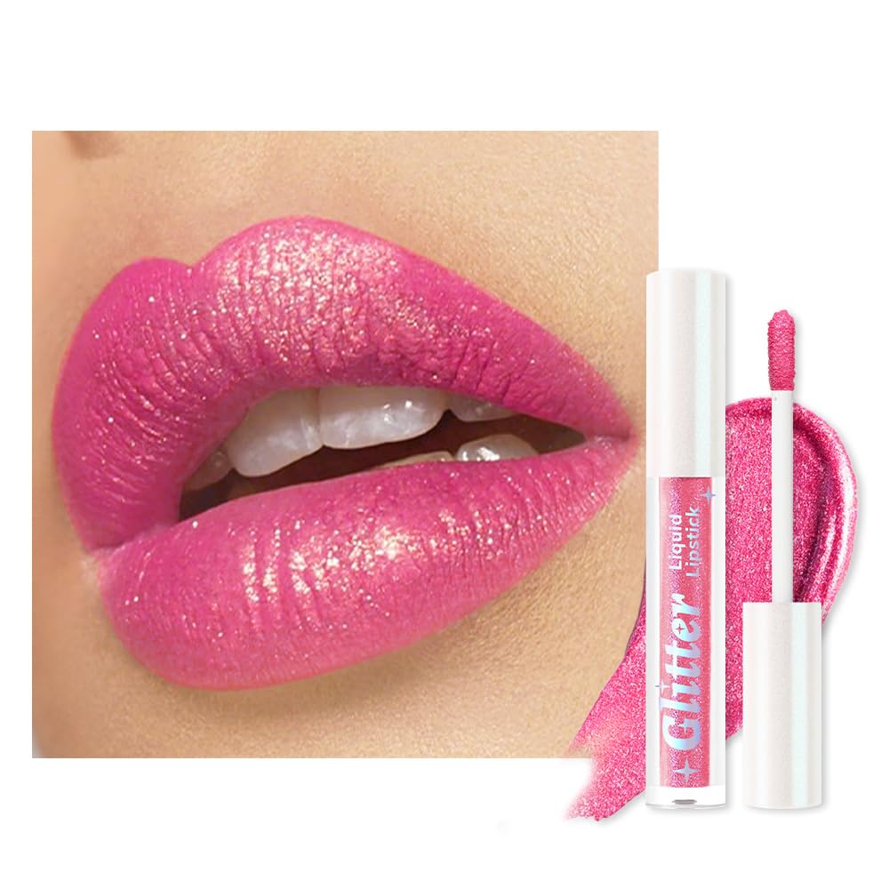 Pink Metallic Lipstick for Women,Lightweight Glitter Sparkling Liquid Lipsticks,Shimmer Lip Gloss Stain Long Lasting Waterproof Smudge Proof Non-Drying 24 Hour Full Coverage Lip Makeup,Vegan