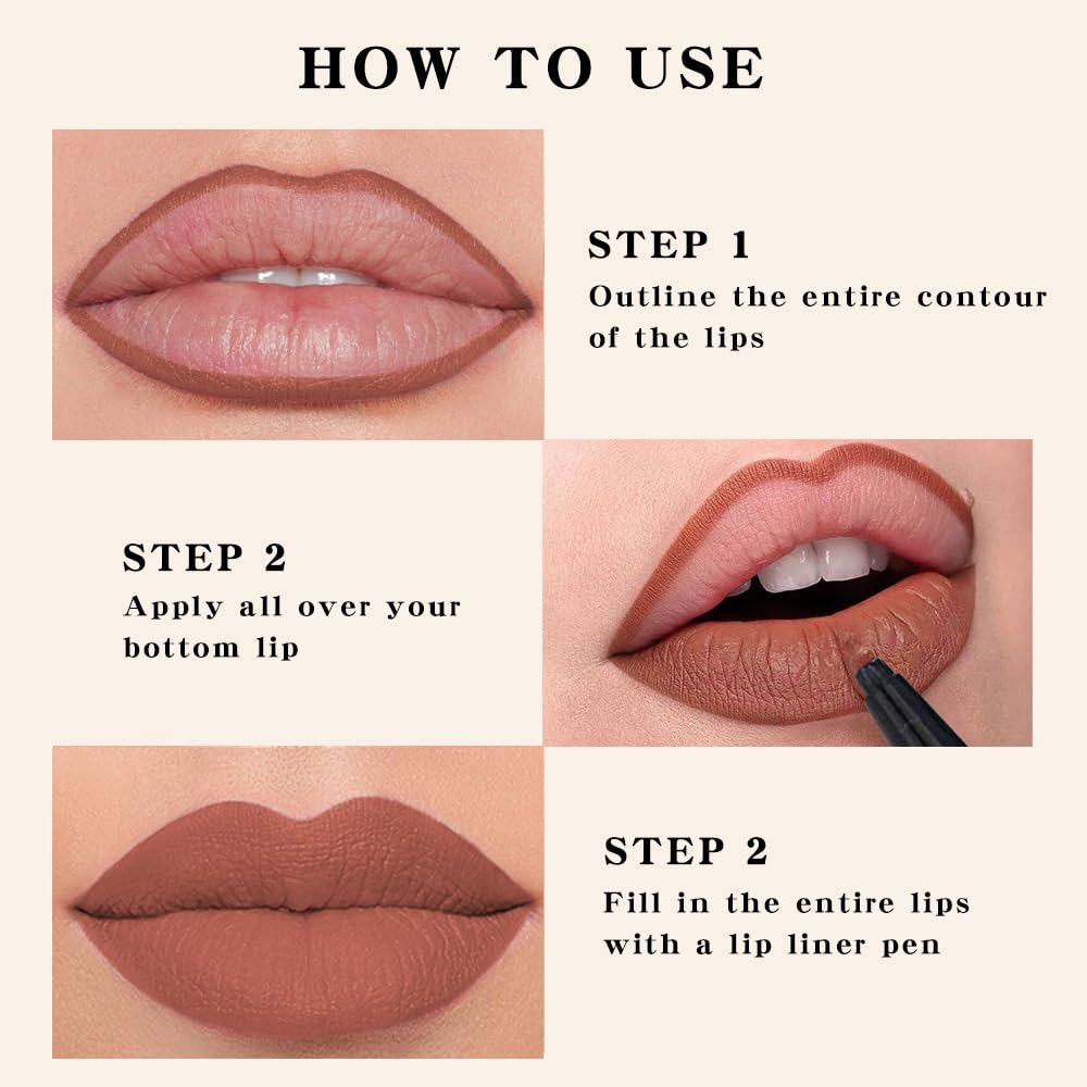 evpct Longwear Liquid Lip Liner Stain Marker Pen Long Lasting Waterproof, Nude Brown Mocha Matte Semi Permanent 24 Hour Lip Liner and Lipstick Combo, Color Stay Lipliner All Day, Lips Stain peel off