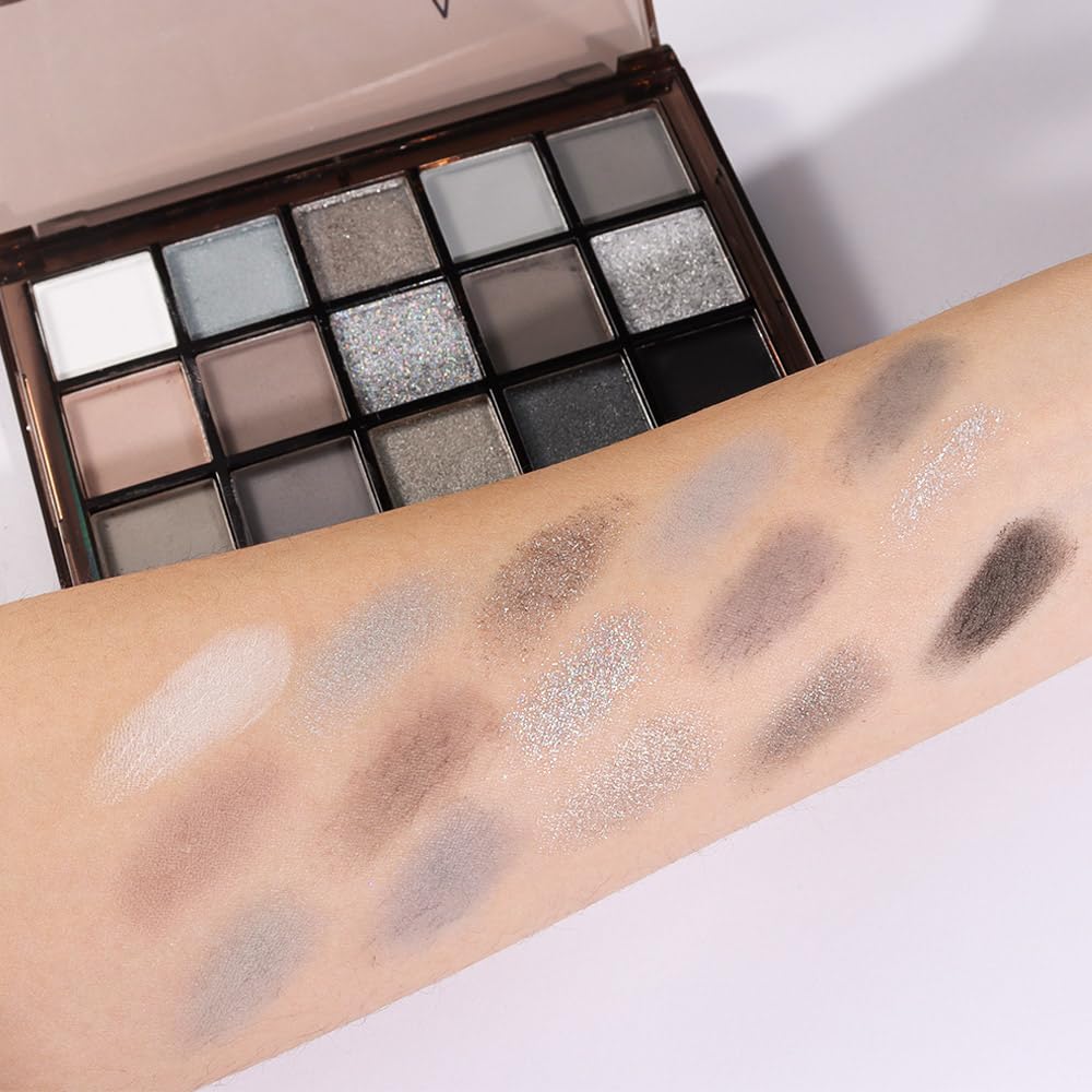 15 Colors Black Gray Silver Matte Shimmer Eyeshadow Palette for Eye Makeup,High Pigmented Brown White Eye Shadow Primers Powder Palet de sombras de ojos