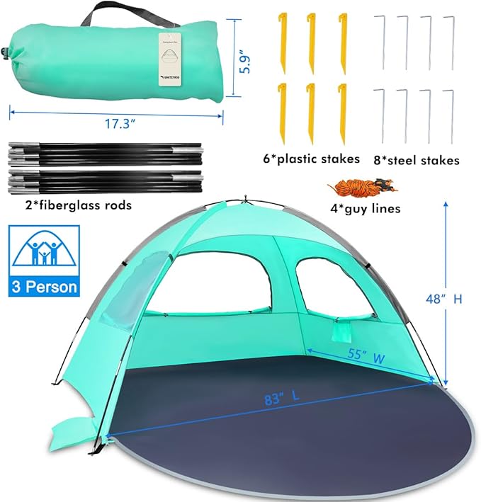 WhiteFang Beach Tent Anti-UV Portable Sun Shade Shelter for 3/4/6/8 Person, Extendable Floor with 3 Ventilating Mesh Windows Plus Carrying Bag, Stakes and Guy Lines