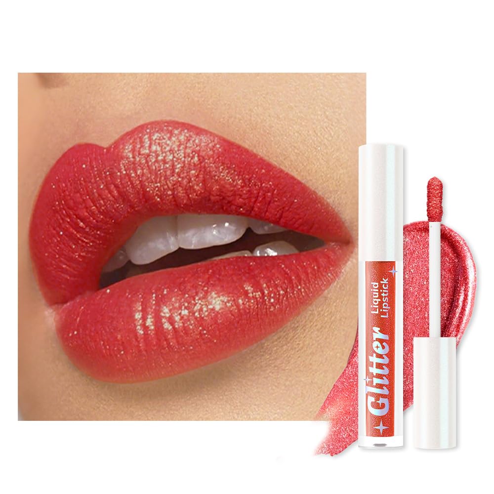 Red Metallic Lipstick for Women,Lightweight Glitter Sparkling Liquid Lipsticks,Shimmer Lip Gloss Stain Long Lasting Waterproof Smudge Proof Non-Drying 24 Hour Full Coverage Lip Makeup,Vegan