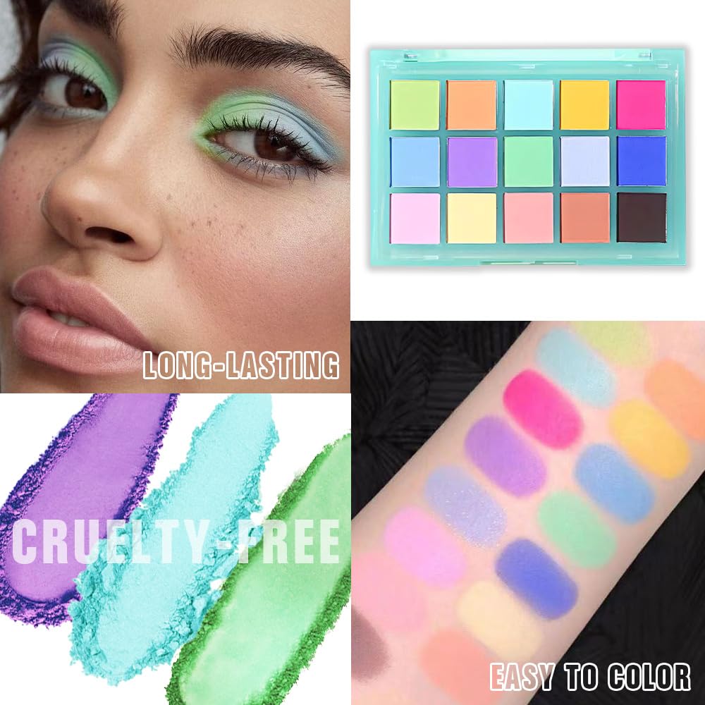 Eye Shadow Makeup Palette,15 Colors Bright Colorful Neon Rainbow Green Purple Yellow Neutral Eyeshadow Palette,Long Lasting Waterproof Travel Size Makeup Pallete,Vegan,Cruelty -free