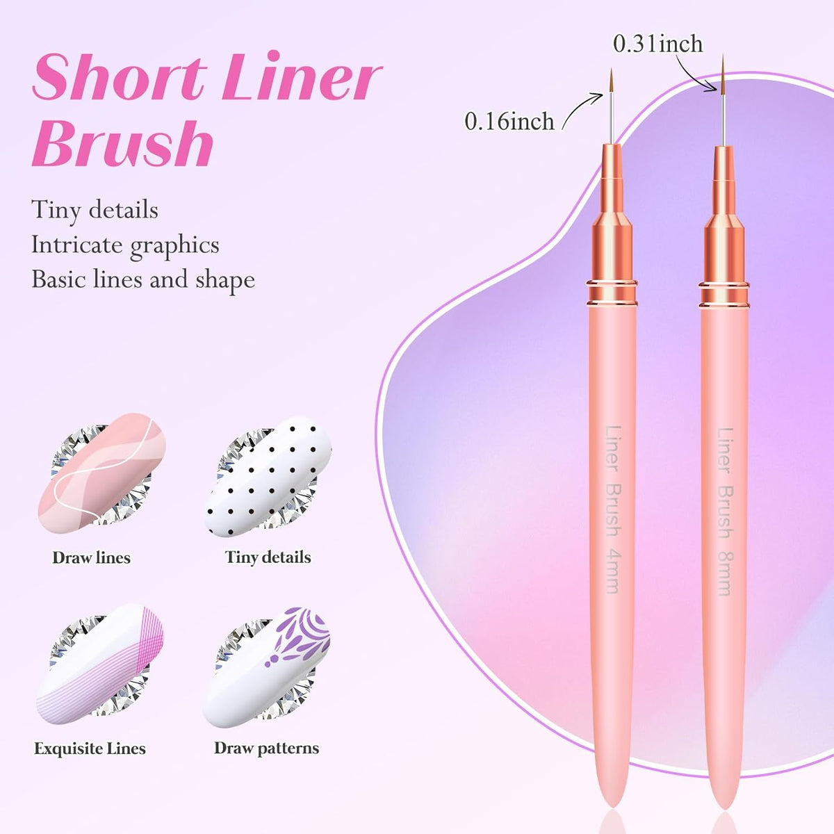 Liner Brush for Nails, 5Pcs Thin Nail Art Brushes Professional Nail Detail Brush for Gel Polish Sizes 4/8/12/20/25mm (Pink)