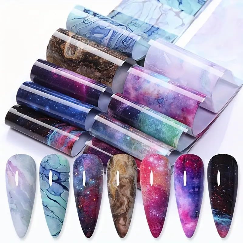 Marble Print Nail Art Foils Transfer Stickers 10PCS Marble Galaxy Pattern Nail Foils Adhesive Decals Nails Art Supplies Glossy Starry Sky Paper Transfer Slider for Women DIY Manicure Decorations