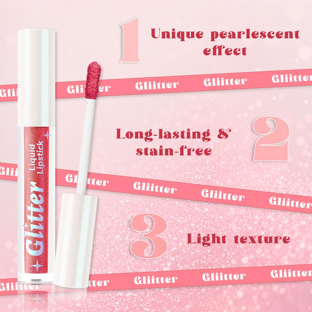 Rose Pink Metallic Lipstick for Women,Lightweight Glitter Sparkling Liquid Lipsticks,Shimmer Lip Gloss Stain Long Lasting Waterproof Smudge Proof Non-Drying 24 Hour Full Coverage Lip Makeup,Vegan