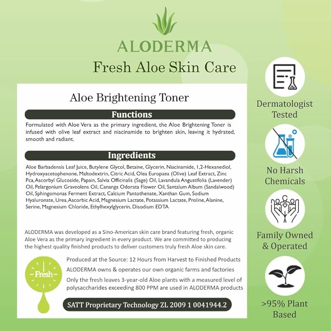 Aloderma Aloe Brightening Face Toner Made with Organic Aloe Vera Juice - Naturally formulated with Hyaluronic Acid & Niacinamide to Refine Skin Tone and Brighten Skin, Alcohol-Free, 4.2oz