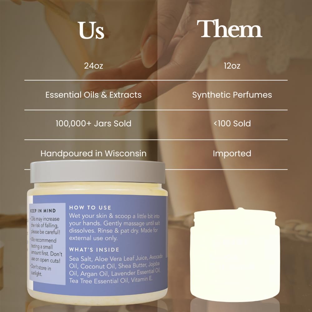 Bare Botanics Lavender Tea Tree Body Scrub 24oz | Made in Madison, WI | All Natural Sea Salt Exfoliator w/ Skin Loving Moisturizers | Vegan & Cruelty Free | Gift Ready Packaging w/ a Cute Wooden Spoon