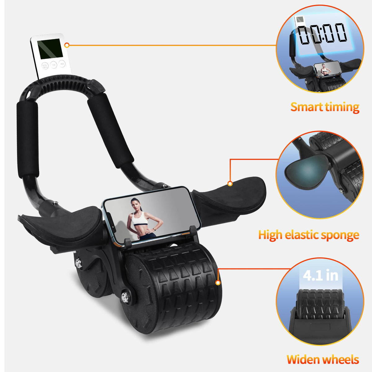 Tixahi Ab Roller Wheel，with Timer Automatic Rebound Abdominal Wheel，Elbow Support Abs Roller Wheel Core Exercise Equipment (Black)