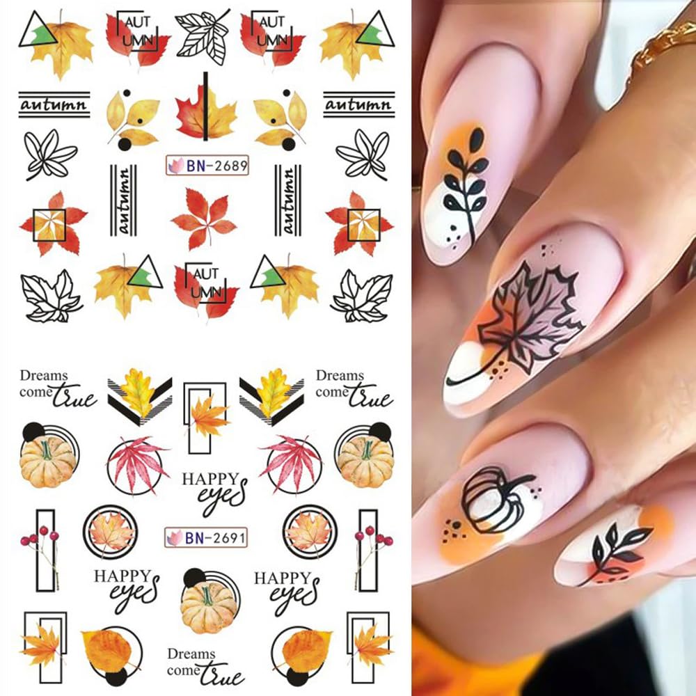 Fall Thanksgiving Nail Art Stickers Decals, 12 Sheets Maple Leaf Design Water Transfer Nail Decals Autumn Thanksgiving Nail Art Decoration Abstract Leaves Ginkgo Slider Nail Foils for Women DIY Supply