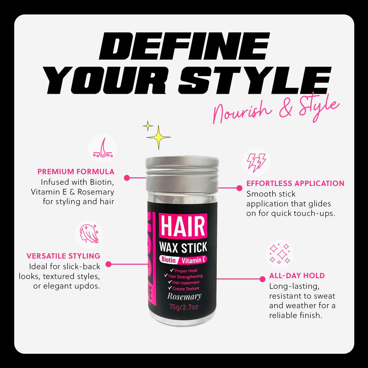 Hair Wax Stick 2.7 fl oz – Strong Hold, Tames Flyaways – Biotin, Vitamin E & Rosemary Formula – Hair Wax Stick for Men & Women, Slick Back Styles, Supports Healthy Hair for All Types