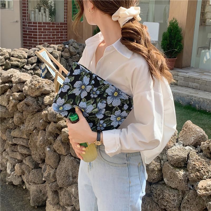 PAZIMIIK Makeup Bag Large Cotton Zipper Pouch for Purse Travel Canvas Make Up Organizer for Women Cosmetic,Brocade Flower Black