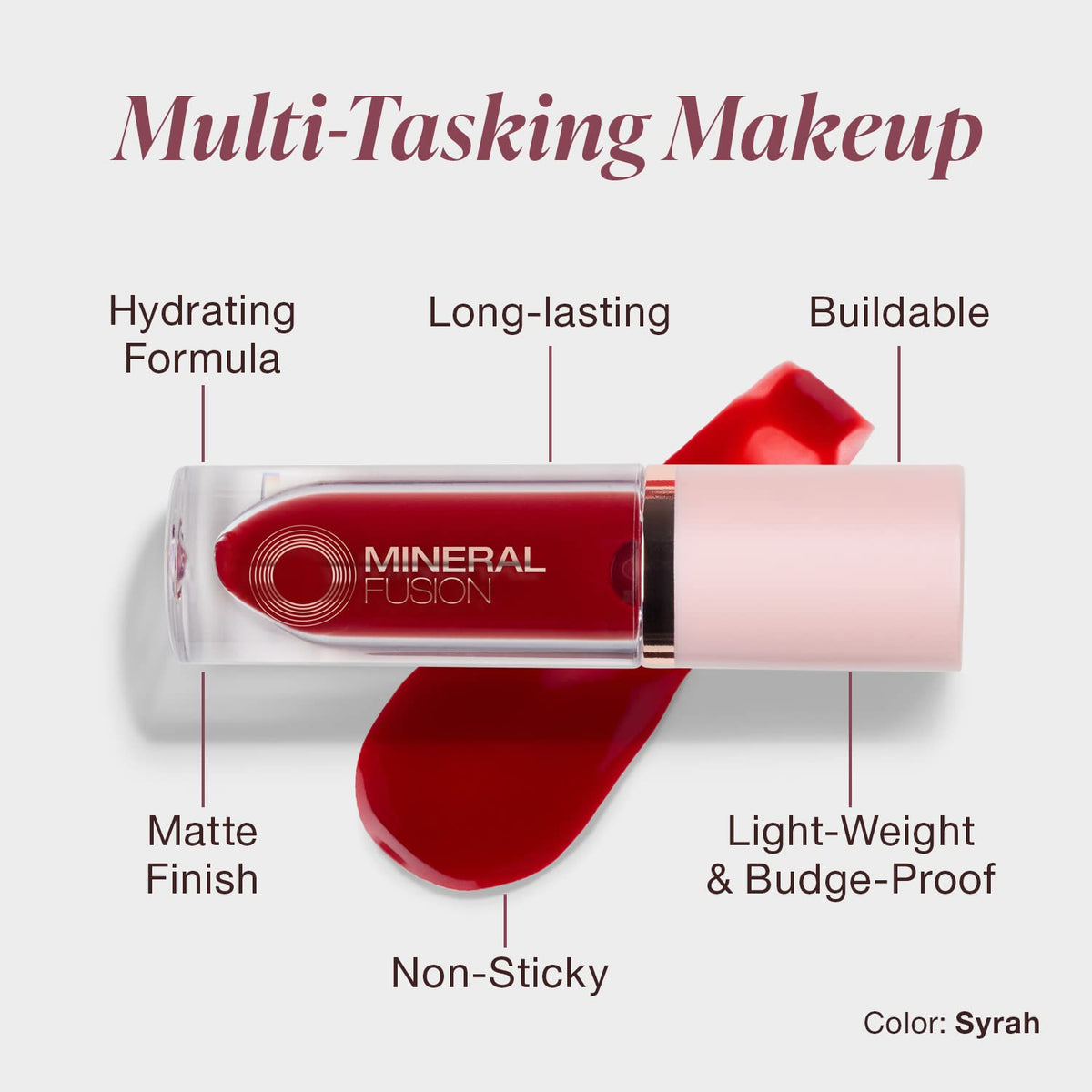 Mineral Fusion 2-in-1 Lip & Cheek Stain Syrah, 0.10 fl oz, Bright Red hydrating, long-lasting, matte lip and cheek color