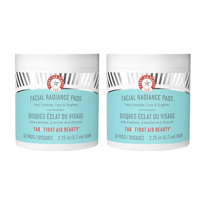 First Aid Beauty - Facial Radiance Pads with Glycolic & Lactic Acids, Daily Exfoliating Pads with AHA, Visibly Smaller Pores, Help Tone & Brighten Skin, One-Step Makeup Prep, Compostable, 60, 2ct