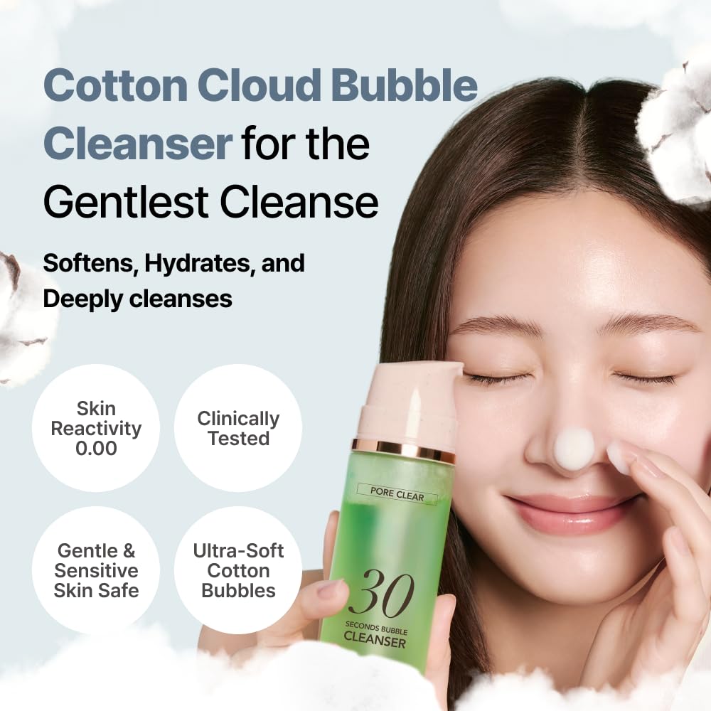 MENOKIN Cotton Cloud Bubble Cleanser [Pore Clear] Green Clay, Low pH, Deep Pore Cleanser for Sensitive Skin, Hydrating & Non-Stripping, Gentle Face Wash, Foaming bubbles, Korean Skincare 5.07 fl oz