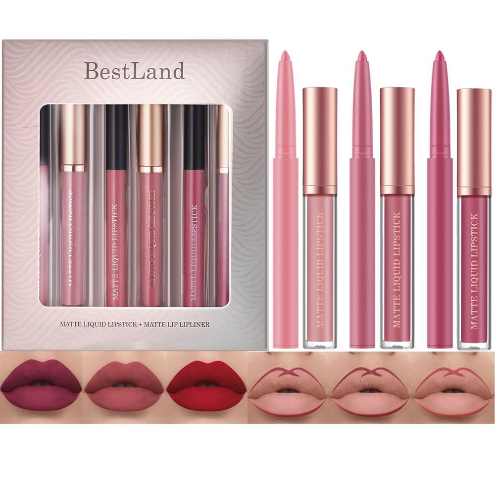 BestLand 6Pcs Matte Liquid Lipstick + Lip Liner Pens Set, One Step Lips Makeup Kits Pigment Velvety Nude Lip Stain Waterproof Long Wear Lip Gloss Make up Gift Set (Pure Romance Bundle)