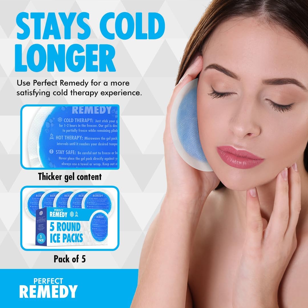 Perfect Remedy Round Gel Ice Pack, Hot & Cold Compress Reusable Injury Ice Pack Aid for Pain condition, Soothing Soft Gel for Soreness & Muscle Strain Support, Hot Water Bottle Alternative (5Pk, Blue)