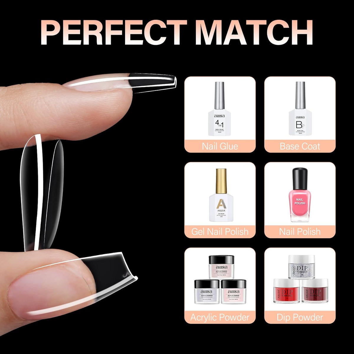 AILLSA Coffin Nails Tips 504PCS Clear Full Cover Nails Medium Gel Fake Nail Tips for DIY Press on Nail Extension, False Acrylic Preshaped Soft Nail Tips (12 Sizes)