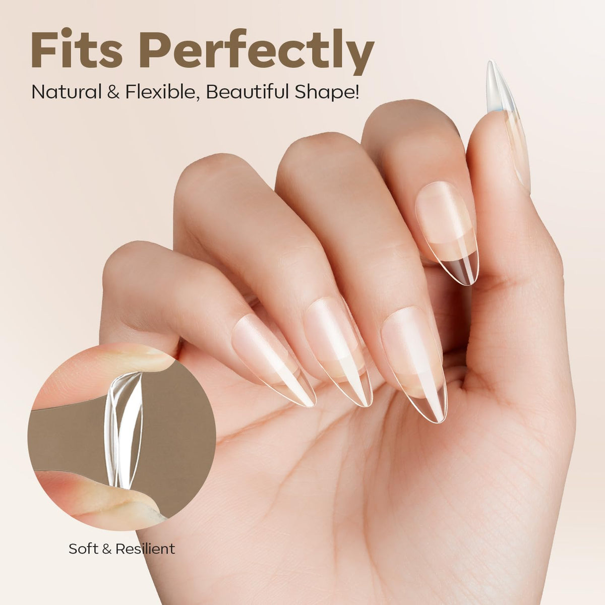 modelones Medium Almond Nail Tips, Pre-shaped Soft Gel Tips Fake Nails False Acrylic Clear Full Cover Press on Extension Kit Gel Manicure DIY at Home 216PCS 12Sizes