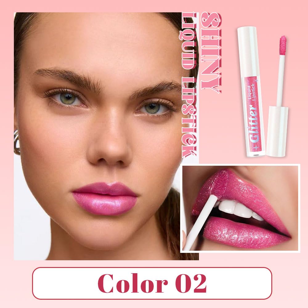 Pink Metallic Lipstick for Women,Lightweight Glitter Sparkling Liquid Lipsticks,Shimmer Lip Gloss Stain Long Lasting Waterproof Smudge Proof Non-Drying 24 Hour Full Coverage Lip Makeup,Vegan
