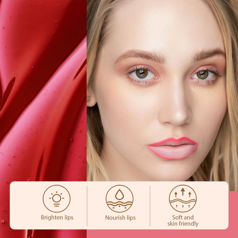 Peel Off Matte Liquid Lip Gloss Stain-Lip Liner with Tweezer, Pinkish Red Peel Off Lip Stain, Long Lasting & Waterproof Lipstick Tattoo, Transfer-Proof Lip Gloss for All Skin Types (06#, 1Pcs)