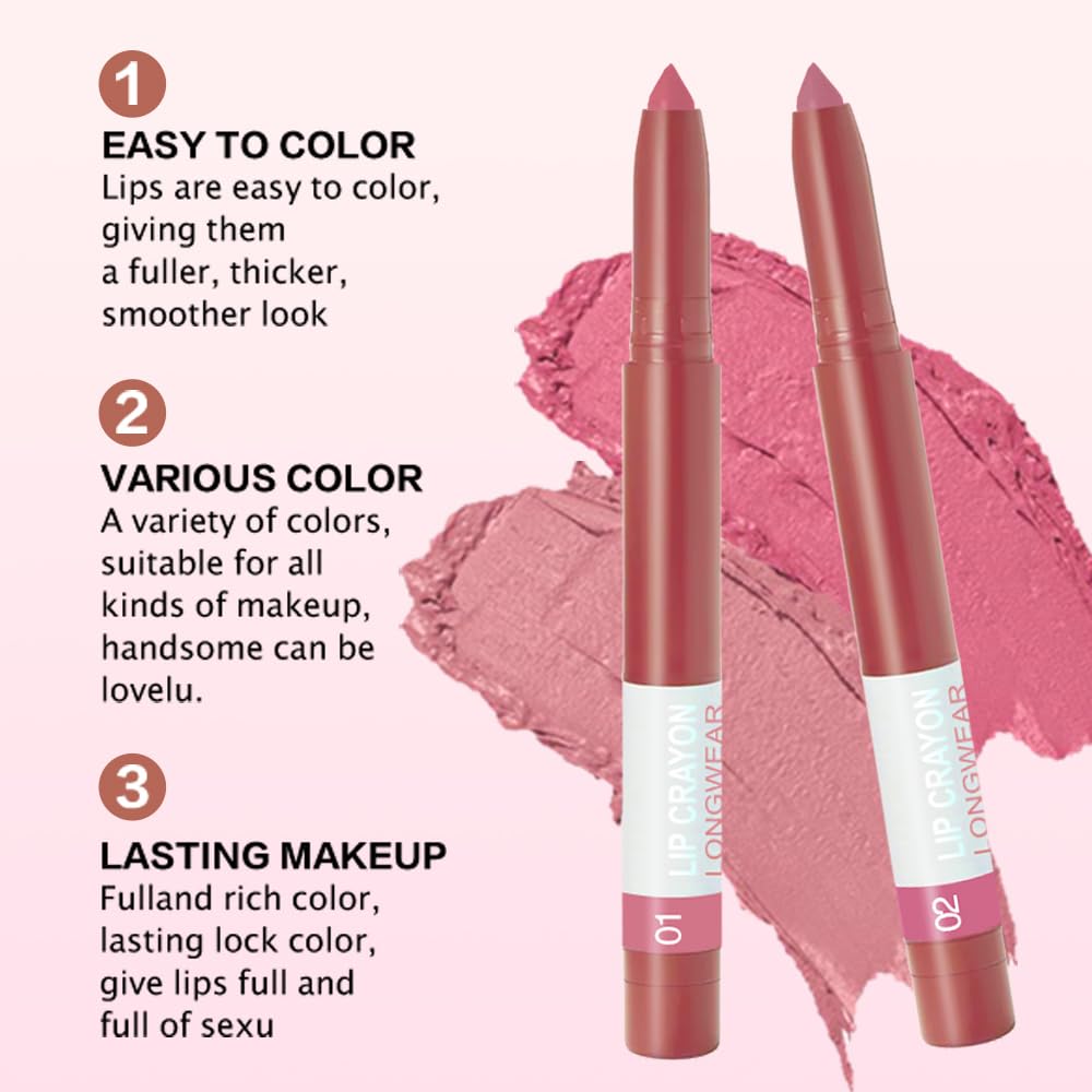 BINGBRUSH Matte Lip Crayon Set – Longwear, Waterproof, Velvet Finish, Built-in Sharpener, Smooth Lip Liner & Gloss (01#+02#, 2 Count (Pack of 1))