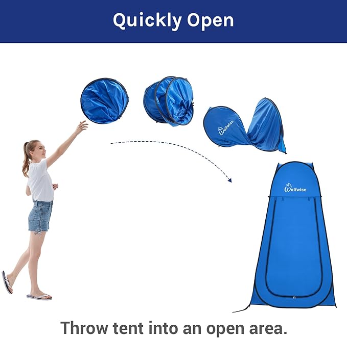 WolfWise Portable Pop Up Privacy Shower Tent, Spacious Changing Room, Dressing Room, Sun Sunshade Canopy Outdoor Rain Shelter, Backpack Privacy Shelters for Camping, Hiking, Beach, Toilet, Large Blue