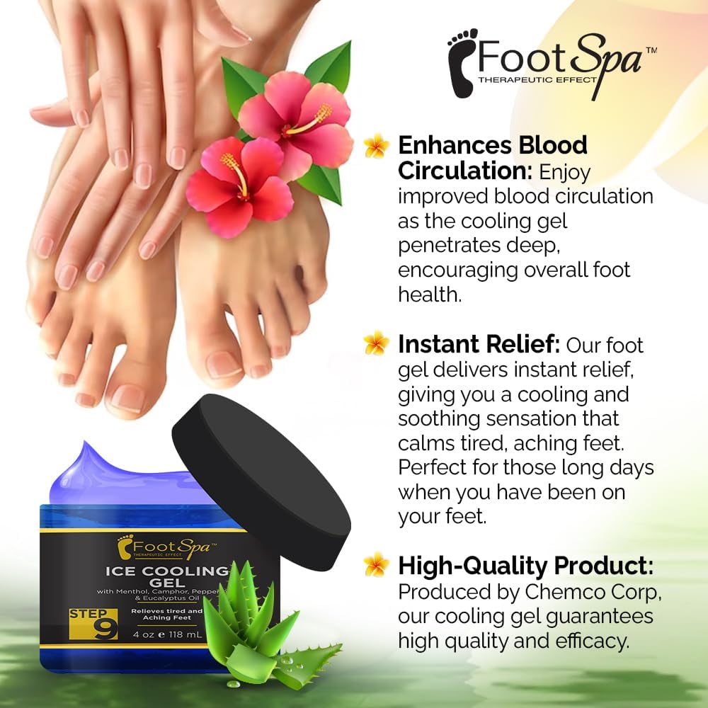 Foot SPA - Massage Cooling Gel for Pedicure Treatment with Menthol, Camphor, Peppermint and Eucalyptus Oil, Professional Strength Foot and Leg Ice Cooling Gel Therapy, Relives Tired Aching Feet, 4 oz