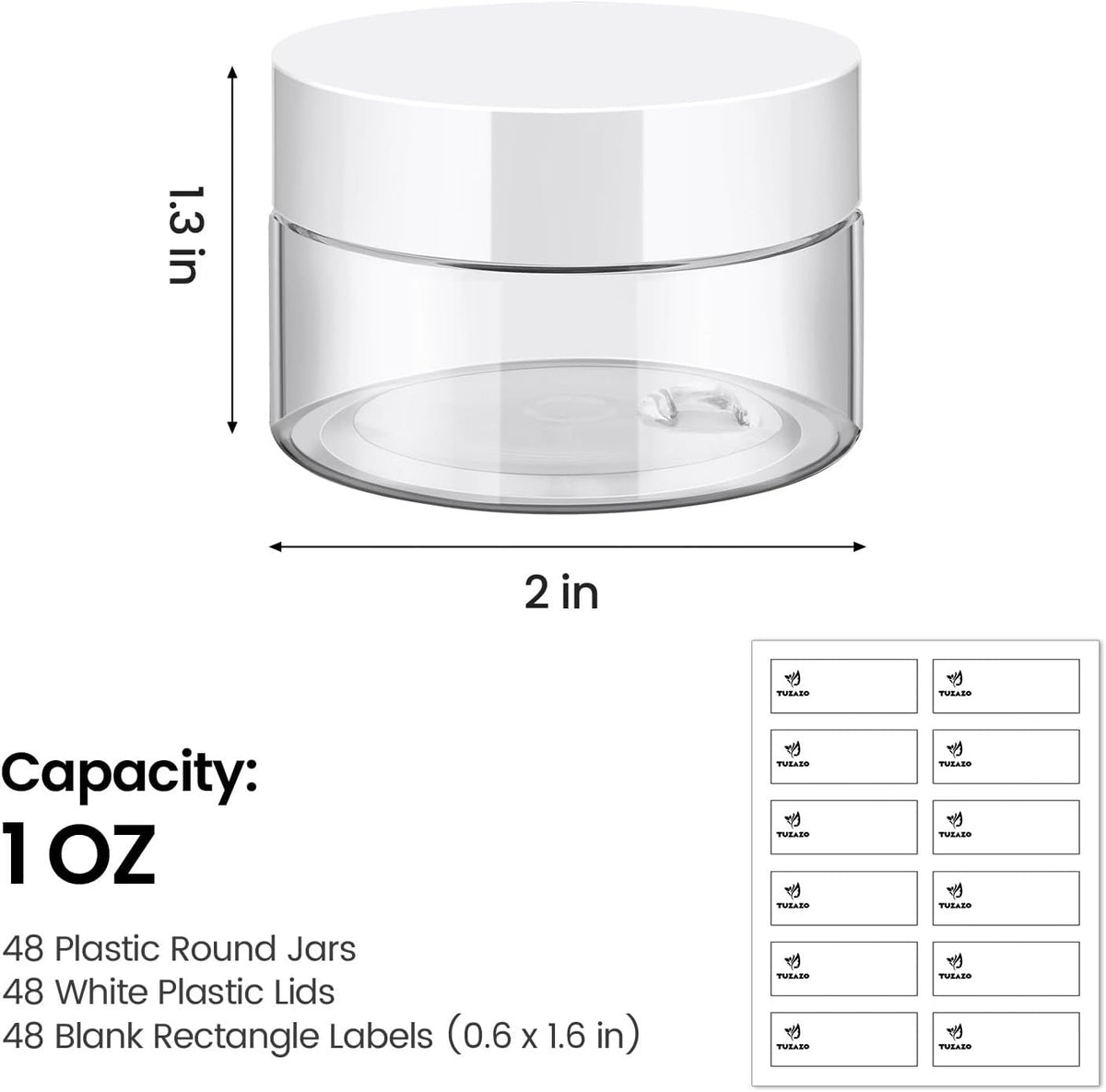 TUZAZO 48 Pack 1 Oz Small Plastic Container Jars with Lids and Labels BPA Free, Empty Round Clear Cosmetic Containers Plastic Slime Jars for Lotion, Cream, Ointments, Samples, Travel Storage (48)