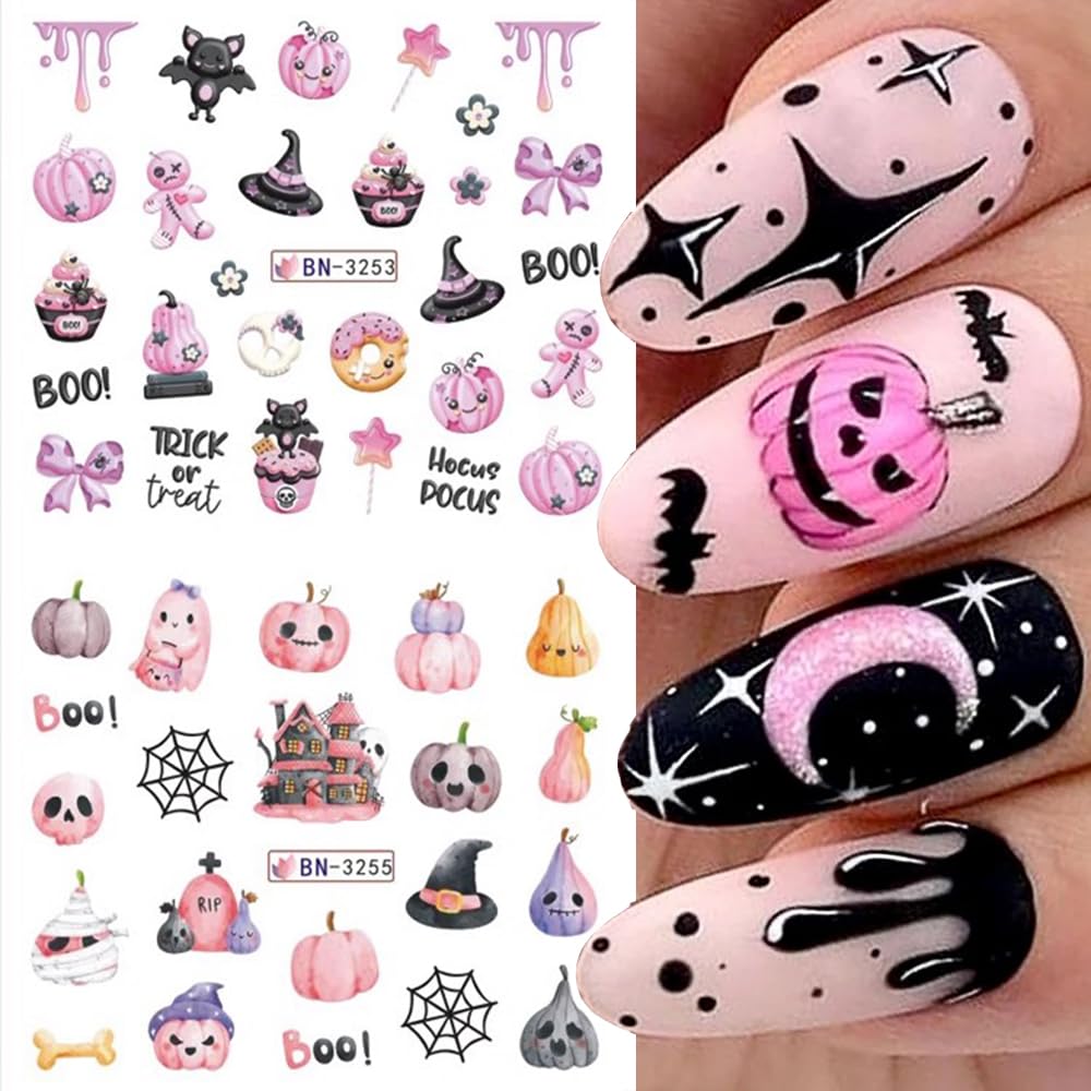 Halloween Nail Decals - Cute Cartoon Water Transfer Foil for Women - Pink Pumpkin Ghost Skeleton Witch Bat Designs - DIY Nail Art Decor - 12Pcs