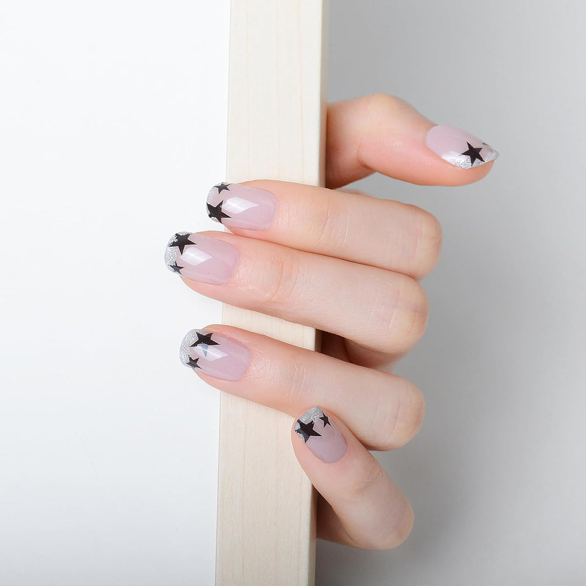 WOKOTO 1 Sheet Semi Cured Gel Nail Strips With Wood Stick, Nail File & Prepared Pads, 20 Tips Star & Glitter French Semi Cured Nail Polish Strips, Harden With UV Light Gel Nail Stickers Wraps