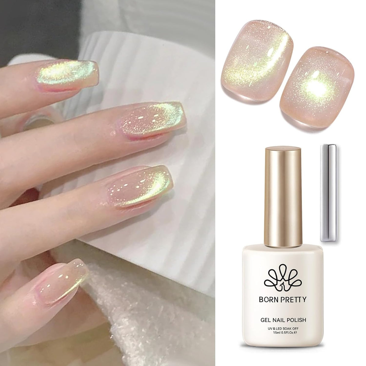BORN PRETTY Nude Pink Cat Magnetic Eye Gel Nail Polish Holographic Gold Green Light Cat Magnetic Eye Gel Nail Polish 15ML