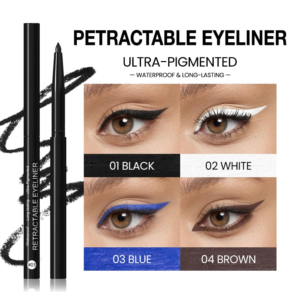 evpct 4Pcs White Blue Eyeliner Pencils Set for Eyes, Black Brown Eye Liner Pencil Makeup Waterproof Smudge Proof, Colored Gel Waterline Eyeliner Liquid, Face Eye Paint Stick Lipstick Halloween Makeup