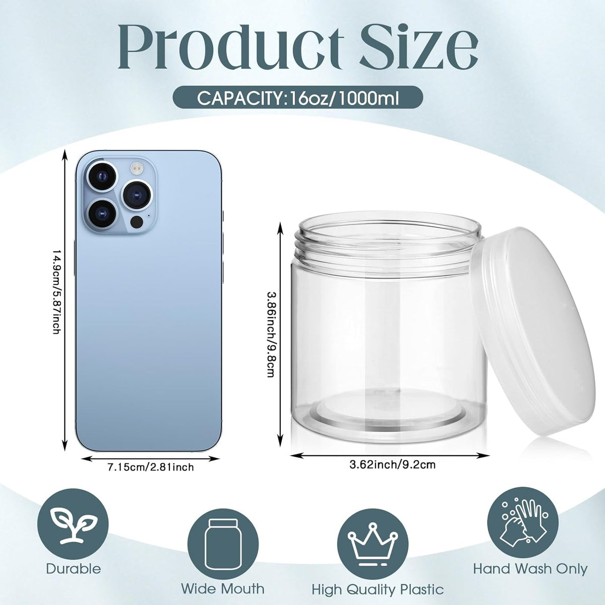 SATINIOR 24 Pieces Empty Clear Plastic Jars with Lids Round Storage Containers Wide Mouth for Beauty Product Cosmetic Cream Lotion Liquid Butter Craft and Food (Clear Lid,16 oz)