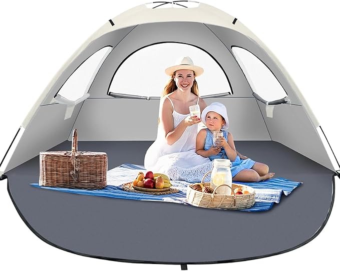 Beach Tent Sun Shelter for 3-4Person, Lightweight Beach Tent with UV Protection, 3 Mesh Roll Up Windows & 8.0mm Fiberglass, Easy Assemble