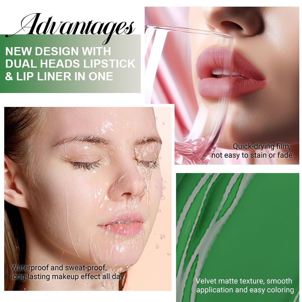 evpct 1Pcs Forest Green Matte Lip Liner & Liquid Lipstick Stain Makeup Set for Women, Green Lip Liner Stain Long Lasting Waterproof Smudge Proof, Cruelty Free Lip Stick Makeup 24 hours originales, 48