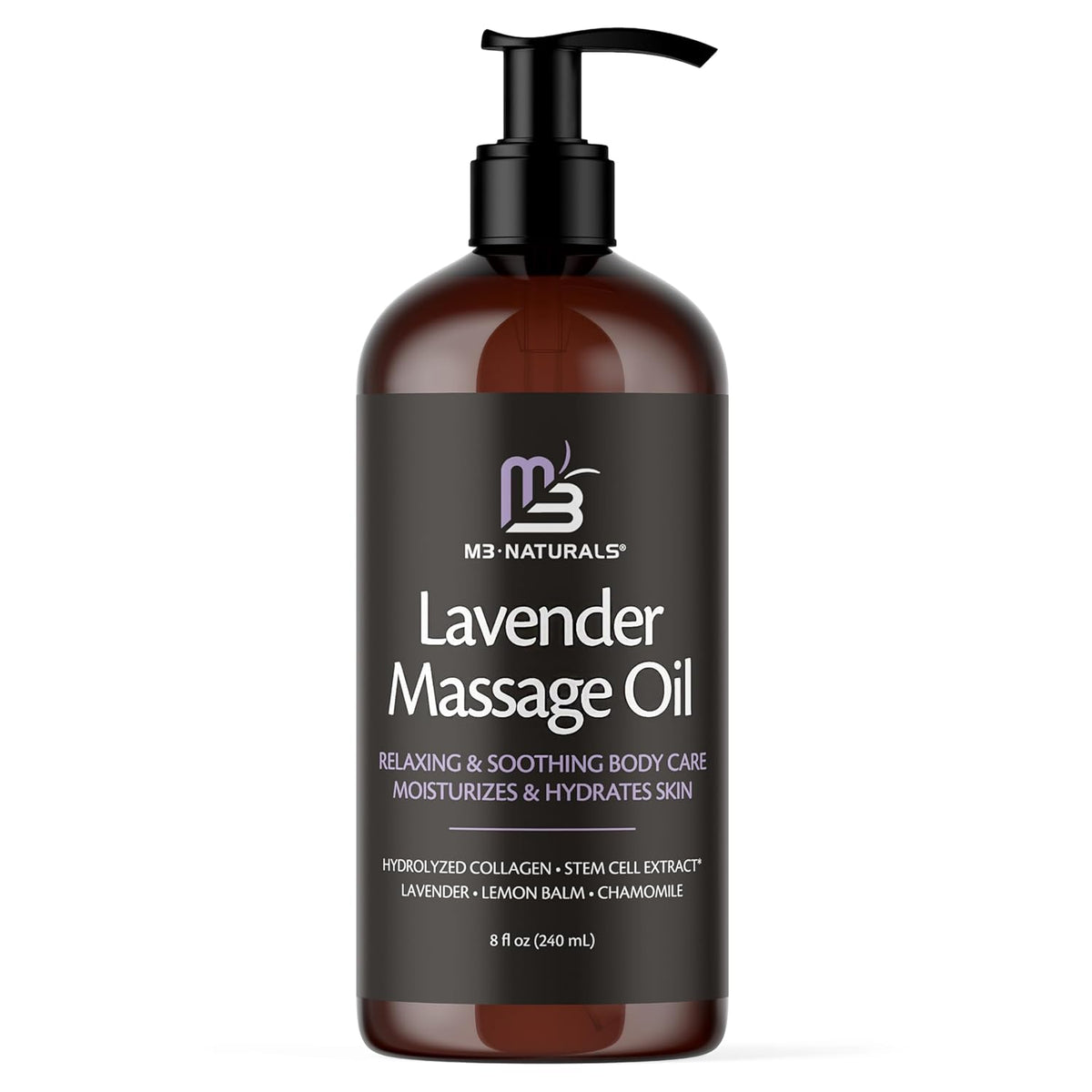 Lavender Sensual Massage Oil with Collagen and Stem Cells, Skin Tightening Therapy for Bum, Thighs, and Belly, Fast-Absorbing Cellulite Oil, 8 fl oz by M3 Naturals
