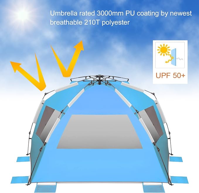 Oileus XX-Large Beach Tent Sun Shelter for 5-6 Person Portable Sun Shade Instant Pop Up Tent for Beach with Carrying Bag, Stakes, 6 Sand Pockets, Anti UV for Fishing Hiking Camping Blue